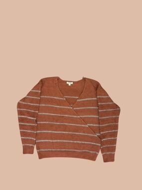 ec:somme Fuzzy Striped Sweater Orange Cream Soft Eyelash Knit V-Neck Pullover